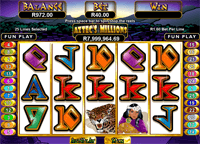 Aztec's Millions slot screen from Springbok's lobby (the live jackpot meter is covered)